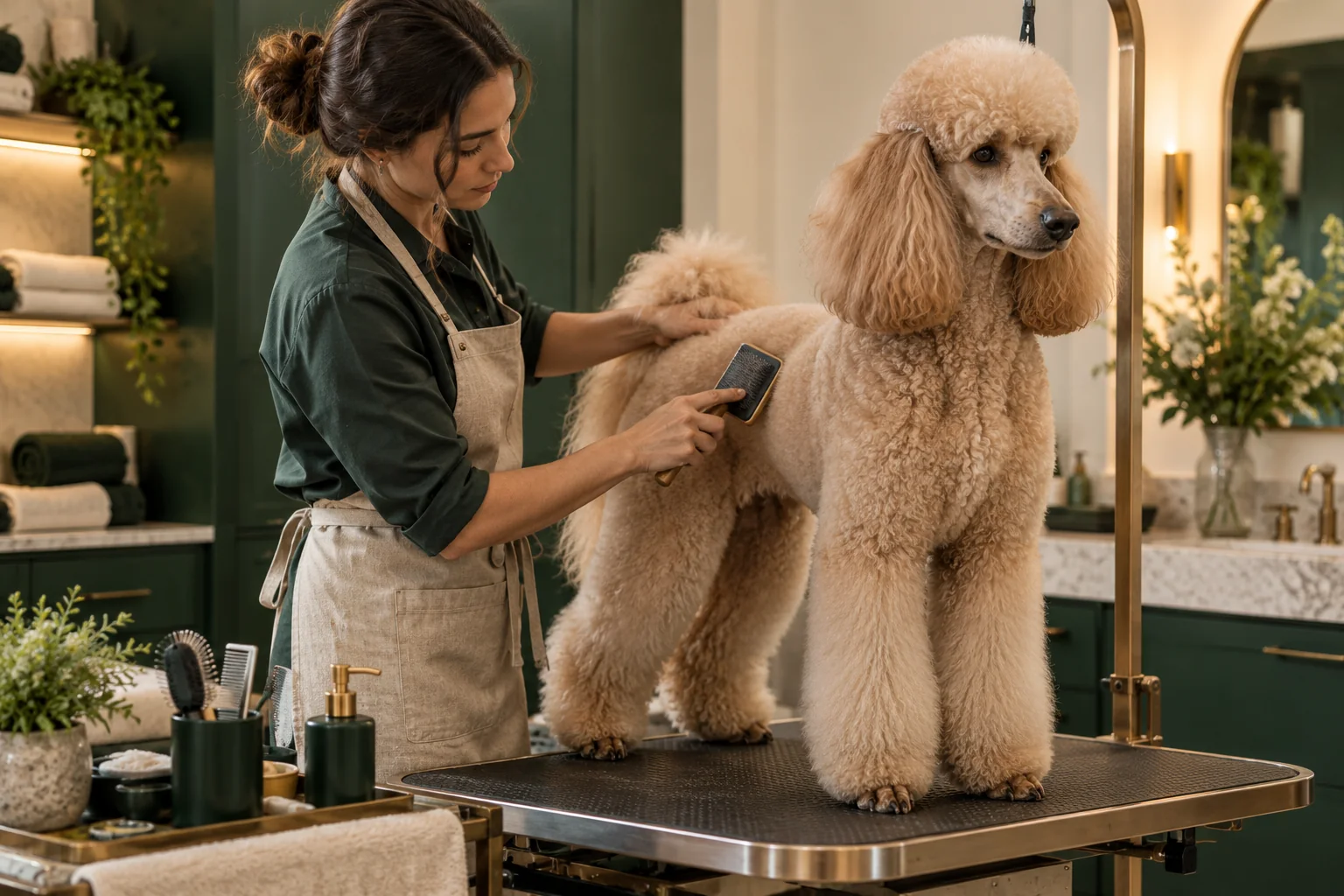 Profissional escovando cuidadosamente um pet
